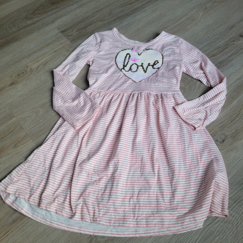 btween Girls Dress 6X Pink White Striped Flip Sequin Heart Long‎ Sleeve Casual